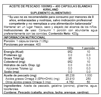 FISH OIL 1000MG 400 TABS  "KIRKLAND"