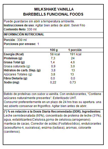 PROTEIN MILKSHAKE 330 ML "BAREBELLS"