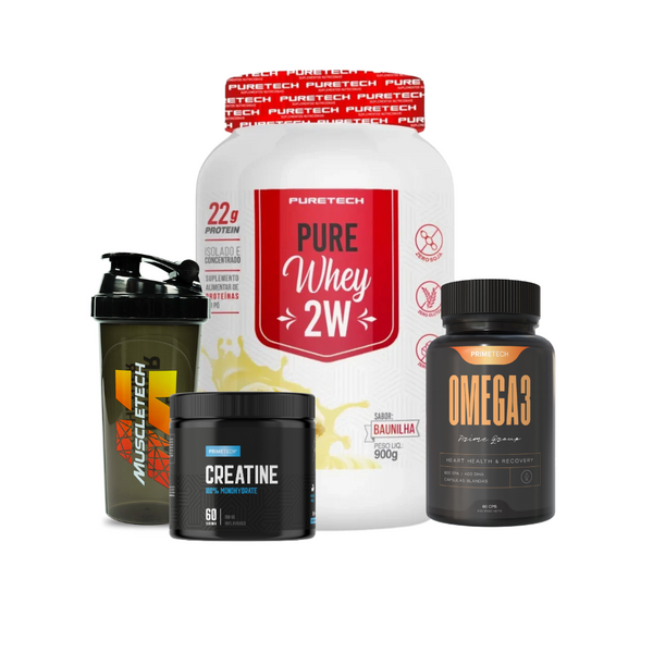 PURETECH 100% PURE WHEY 900 GR + CREATINA 100% MONOHIDRATO 300 GR "PRIMETECH" + OMEGA 3 60 CAPS+ SHAKER DE REGALO