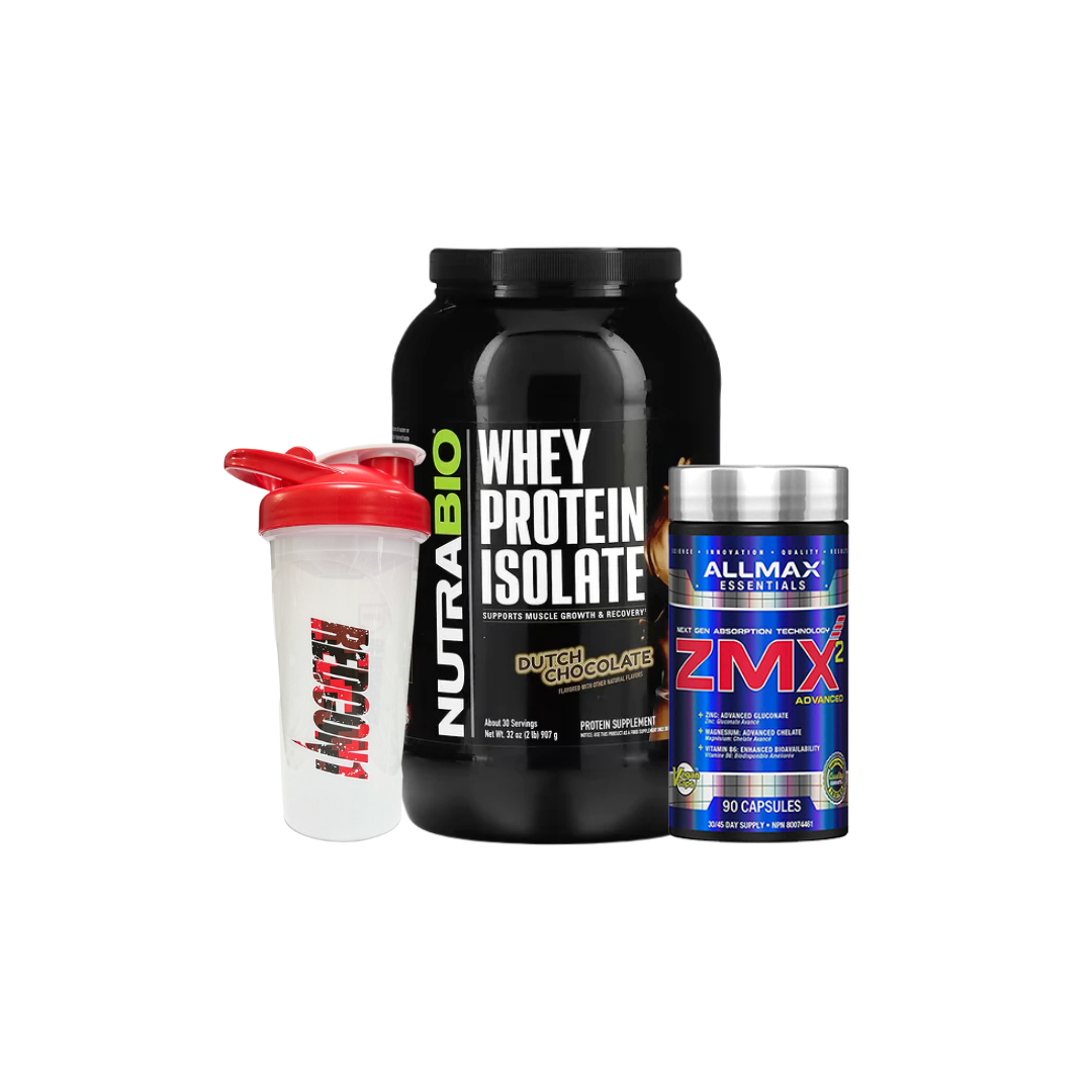 WHEY PROTEIN ISOLATE NUTRABIO (2 LB) + ZMX 90 CAPS + SHAKER DE REGALO