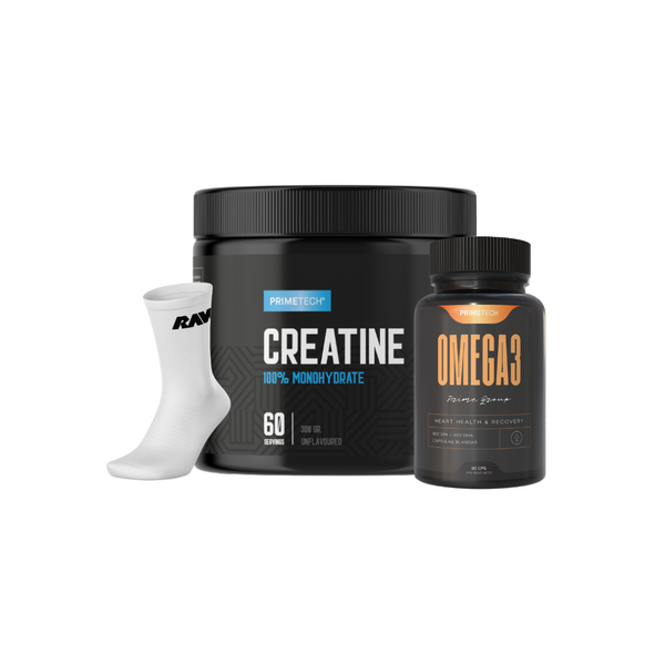 CREATINA MONOHIDRATO 300 GR "PRIMETECH" + OMEGA 3 60 CAPS + CALCETAS DE REGALO