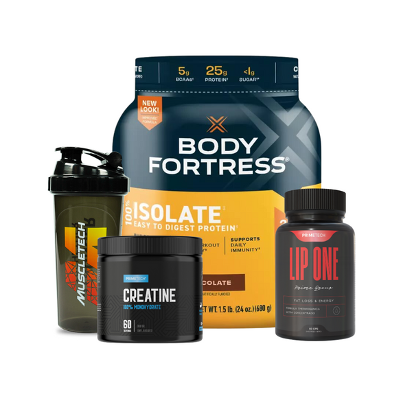 PROTEINA 100% ISOLATE PROTEIN BODY FORTRESS (680 GR) + CREATINA 100% MONOHIDRATO 300 GR "PRIMETECH" + LIP ONE 60 CAPS "PRIMETECH" + SHAKER DE REGALO